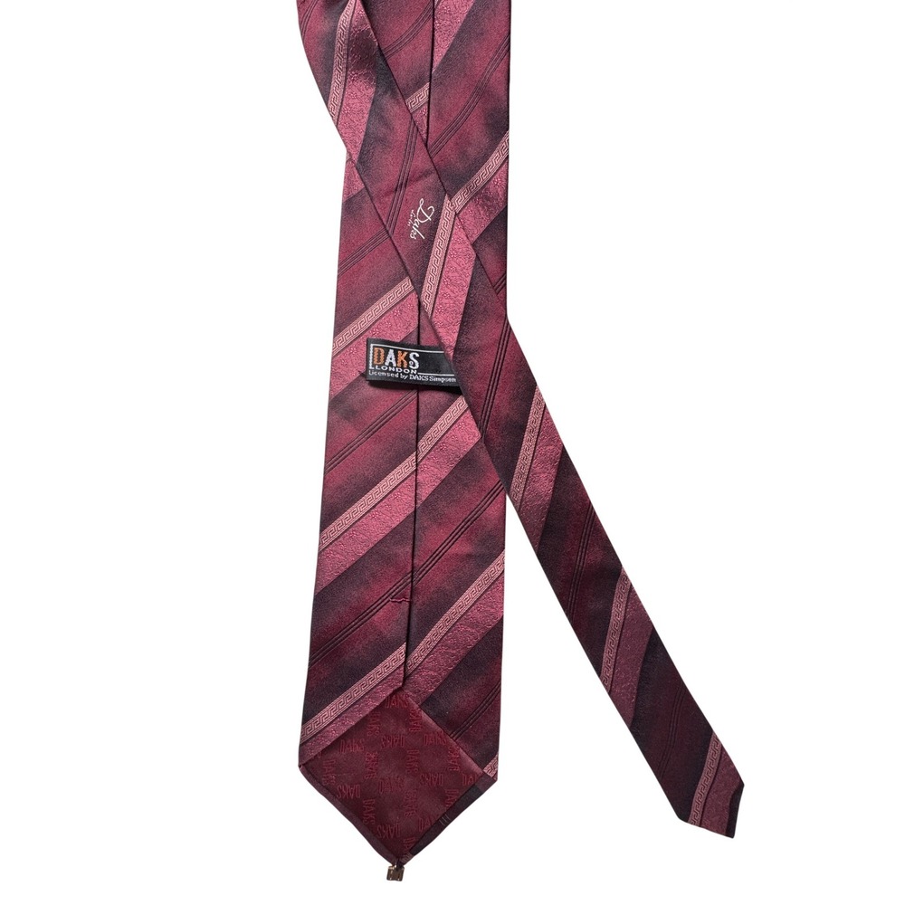 Daks London Mens Silk Necktie Burgundy Plum Striped Greek Key Damask Pattern - Picture 2 of 6